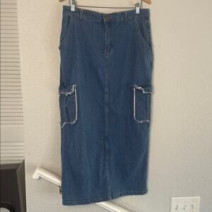 Daisy Denim Cargo Midi Skirt Fringe Pockets Hippie Country Western Cowgirl XL